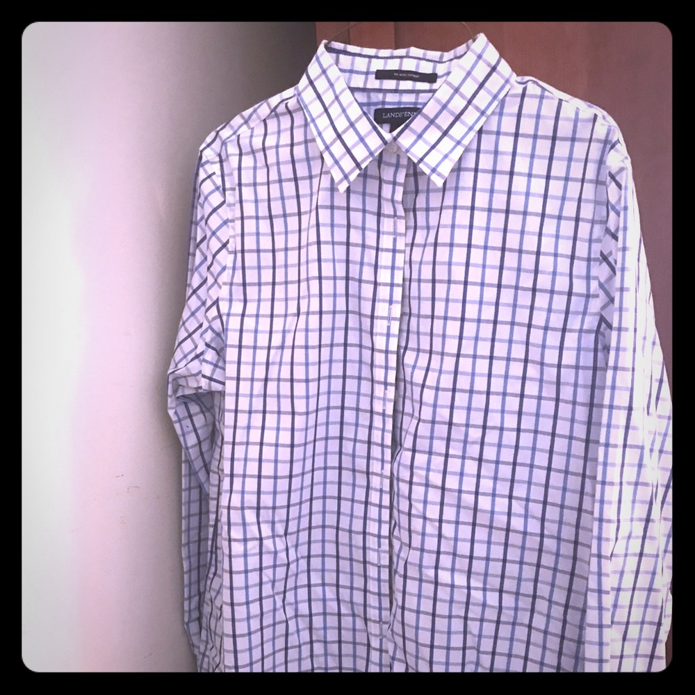 Blue plaid no-iron Lands End blouse. Size 10